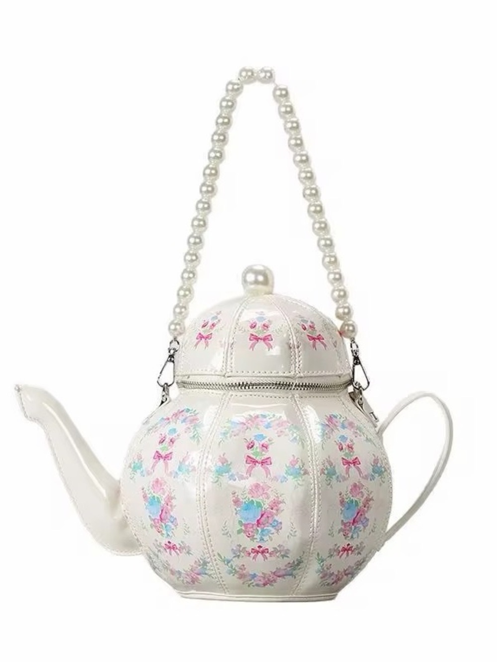 White Floral Teapot Shaped Crossbody Bag with Pearl Handle
